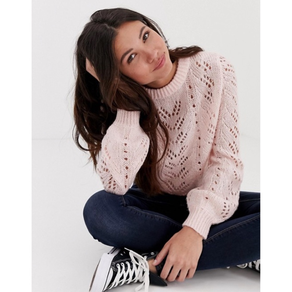 Lightweight Pointelle Balloon Sleeve Sweater Pink